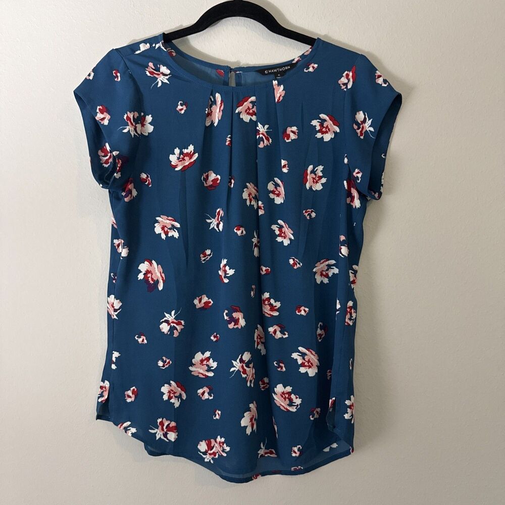 41 Hawthorne Stitch Fix Cap Sleeve Floral Blouse Medium Dark Teal Pink Flowers